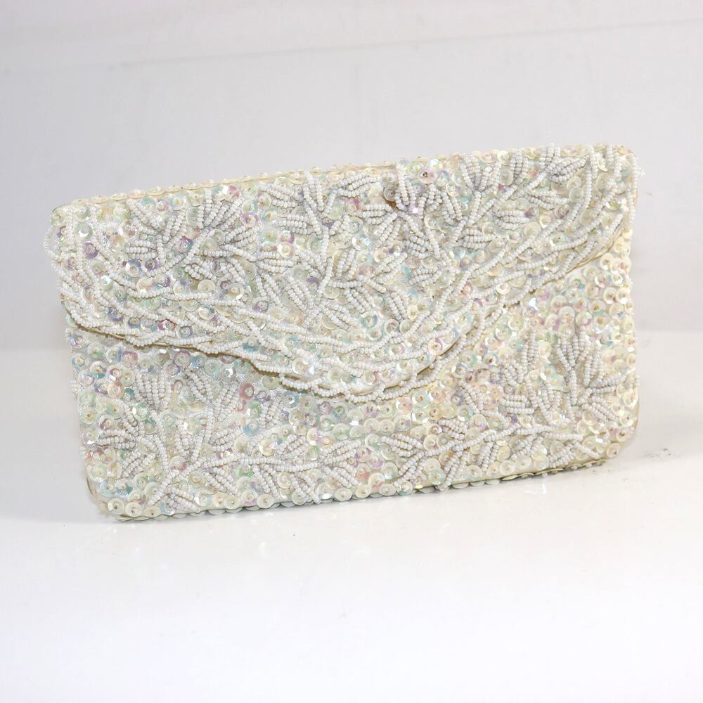 Vintage Ivory Beaded Sequin Clutch Floral Evening Bag Wedding‎